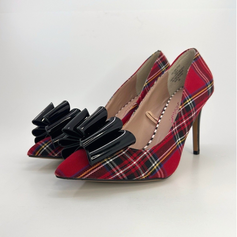 Betsey Johnson Bret Pumps Womens 8 Red Tartan Plaid Black Bow Stiletto Heels